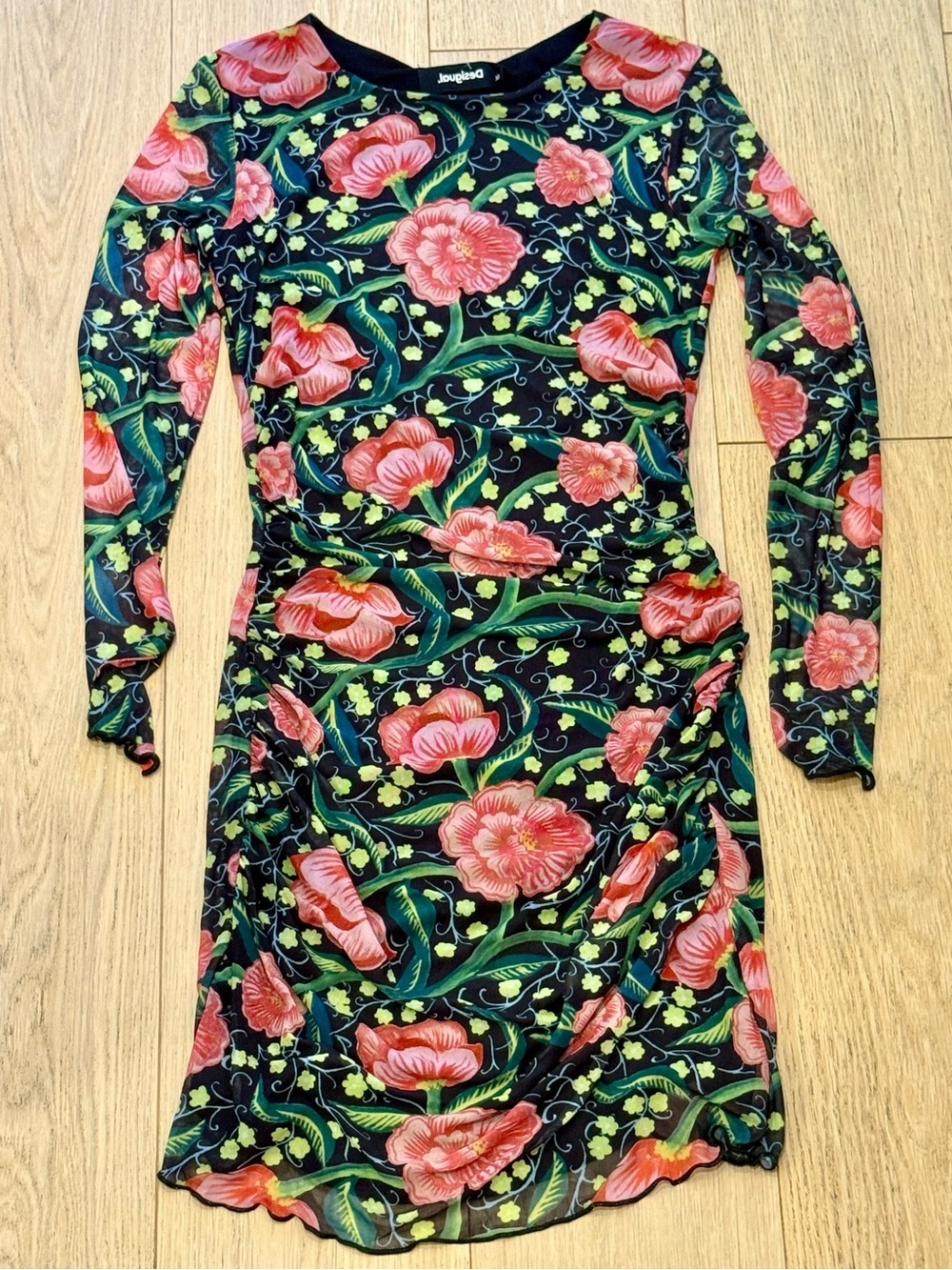 NWOT Desigual Floral Mesh Long Sleeve Mini Dress Black Pink Green Stretchy